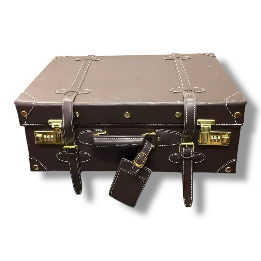 🧳 Vintage-Inspired‎ Faux Leather Trunk Suitcase w/ Wheels & Gold Hardware